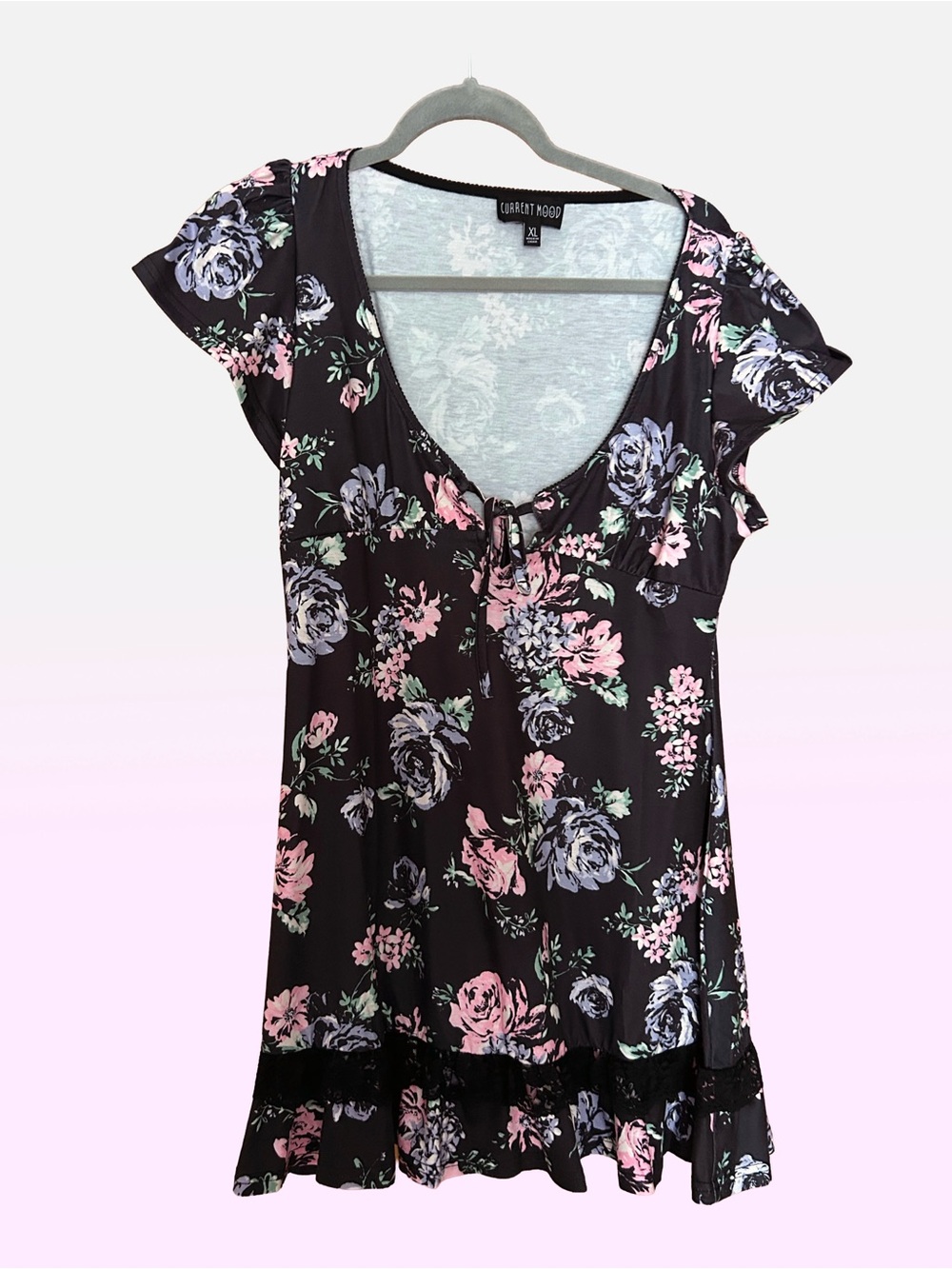 Dolls Kill Black Floral Mini Dress with Pink & Lavender Blooms New No Tags